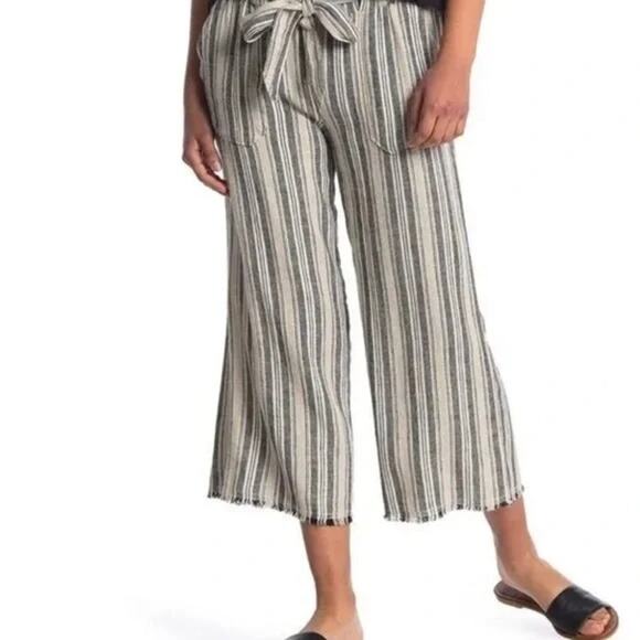 Caslon Cropped Linen Blend Raw Hem Pants Sz Large in Black/Khaki Stripe NWT - Picture 2 of 5